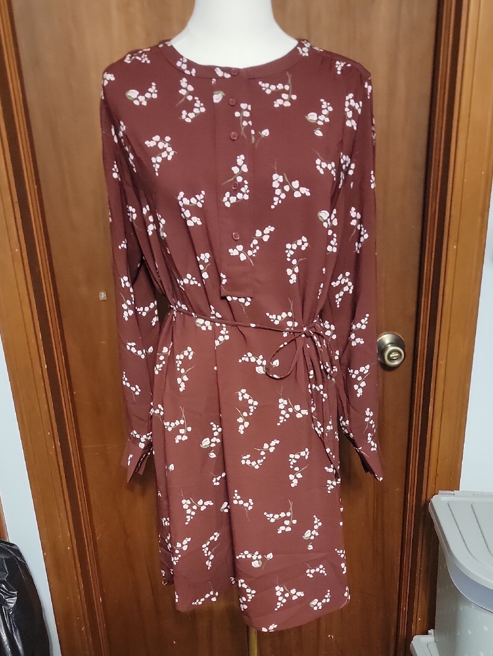 Women's Long-Sleeve Brown Floral Tie-Waist Dress